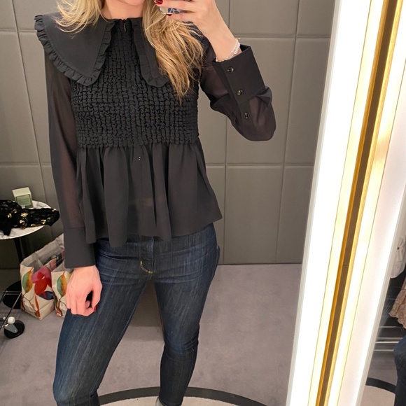 GANNI sz 34 Ruffle Collar Smocked Chiffon Blouse Black - Picture 7 of 7